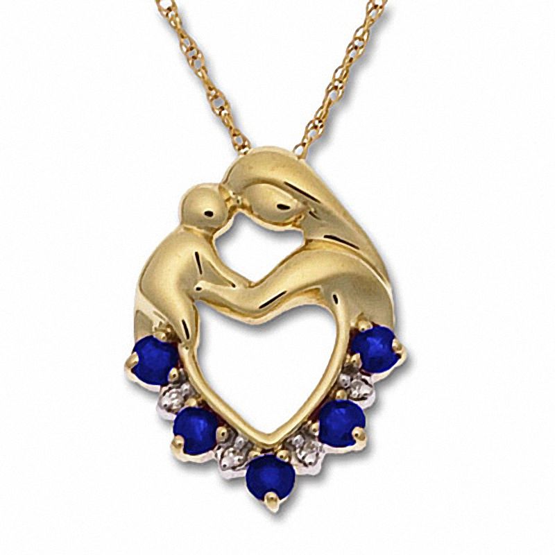 Main Image 1 of Blue Sapphire Heart Pendant with mother and child in 10K Gold with Diamond Accents