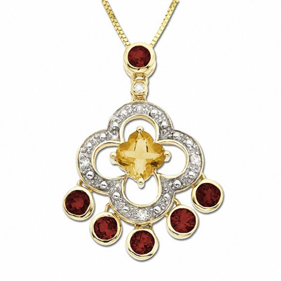 Citrine and Garnet Dangle Pendant in 10K Gold with Diamond Accents