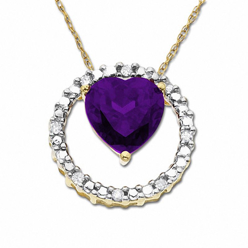 Main Image 1 of Heart-Shaped Amethyst Circle Pendant in 10K Gold with Diamond Accents