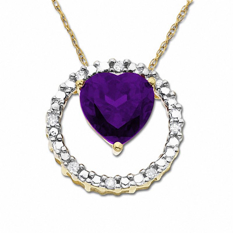 Heart-Shaped Amethyst Circle Pendant in 10K Gold with Diamond Accents