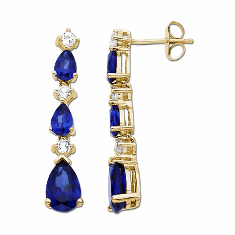 Main Image 1 of Lab-Created Blue and White Sapphire Drop Earrings in 10K Gold