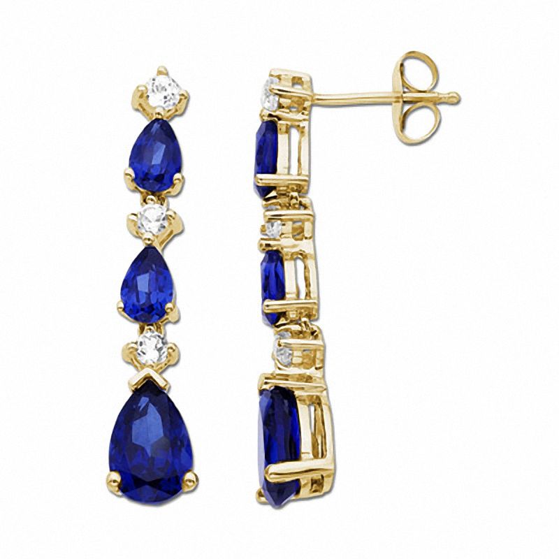 Lab-Created Blue and White Sapphire Drop Earrings in 10K Gold