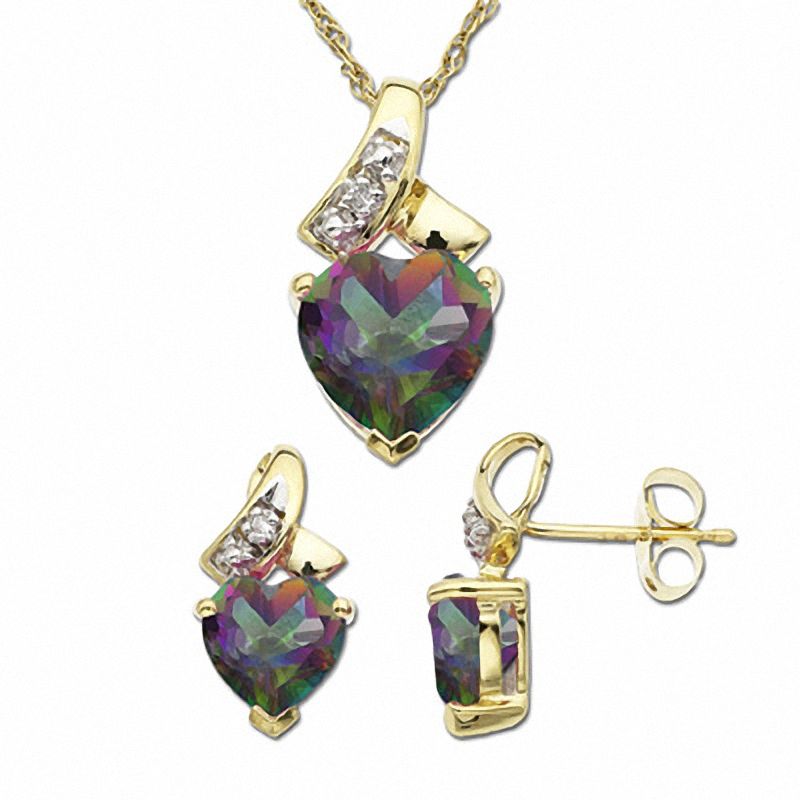 Main Image 1 of Mystic Fire® Topaz Heart Pendant and Earrings Set in 10K Gold with Diamond Accents