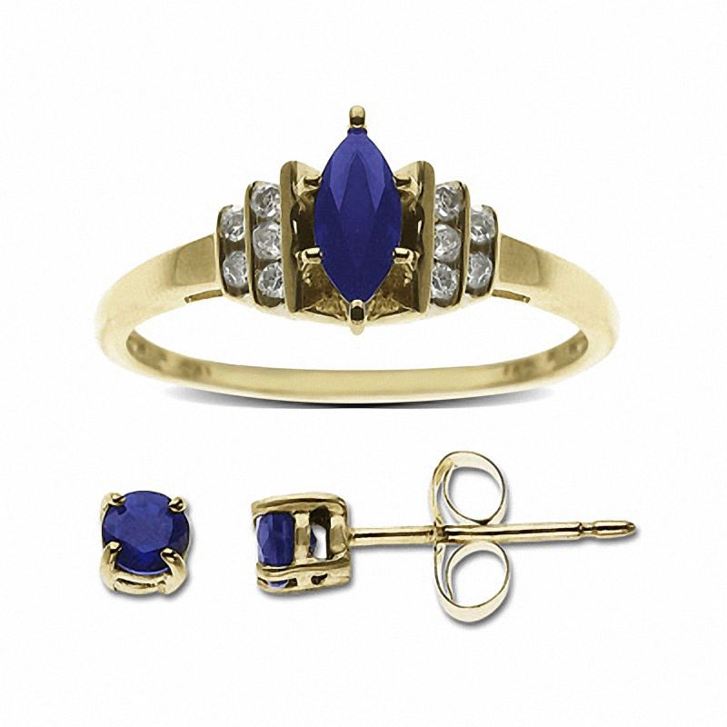 Main Image 1 of Blue Sapphire Ring and Earrings Set in 10K Gold with Diamond Accents