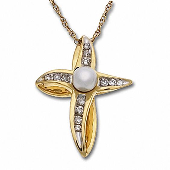 Cultured Freshwater Pearl Cross Pendant in 10K Gold with Diamond Accents