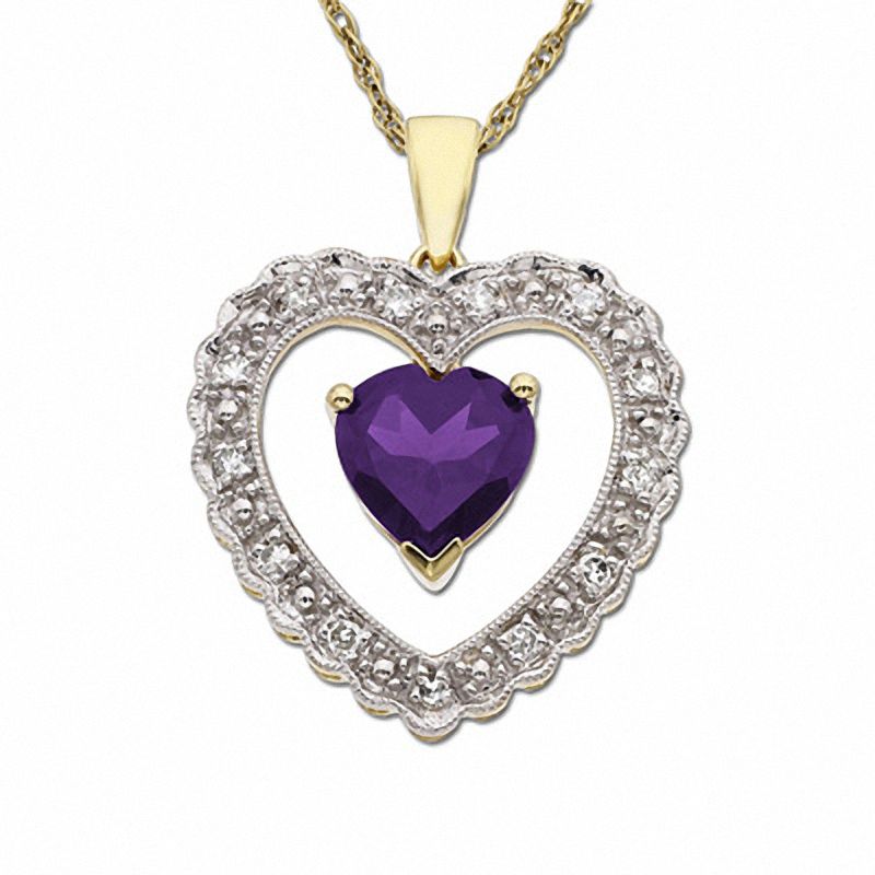 Main Image 1 of Heart-Shaped Amethyst Pendant in 10K Gold with Diamond Accents