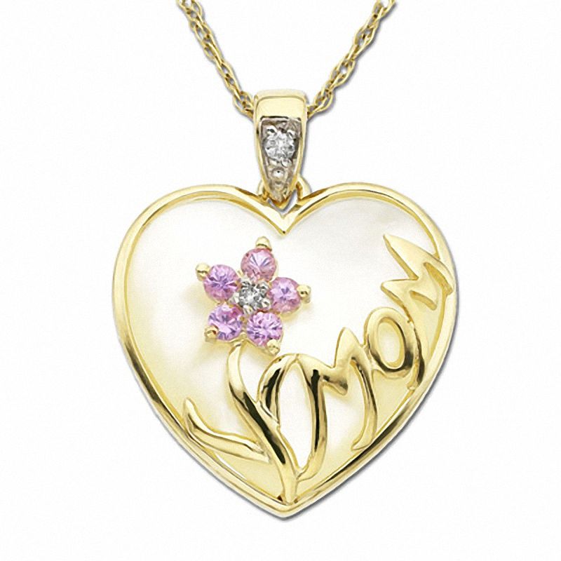 Main Image 1 of Pink Sapphire and Mother-of-Pearl &quot;Mom&quot; Heart Pendant in 10K Gold with Diamond Accents