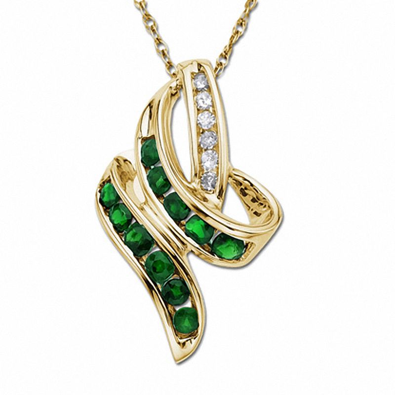Main Image 1 of Emerald Ribbon Pendant in 10K Gold with Diamond Accents