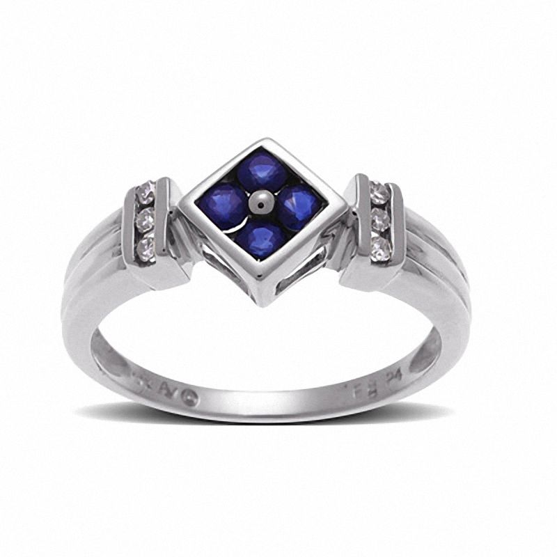 Main Image 1 of Blue Sapphire Square Ring in 10K White Gold with Diamond Accents