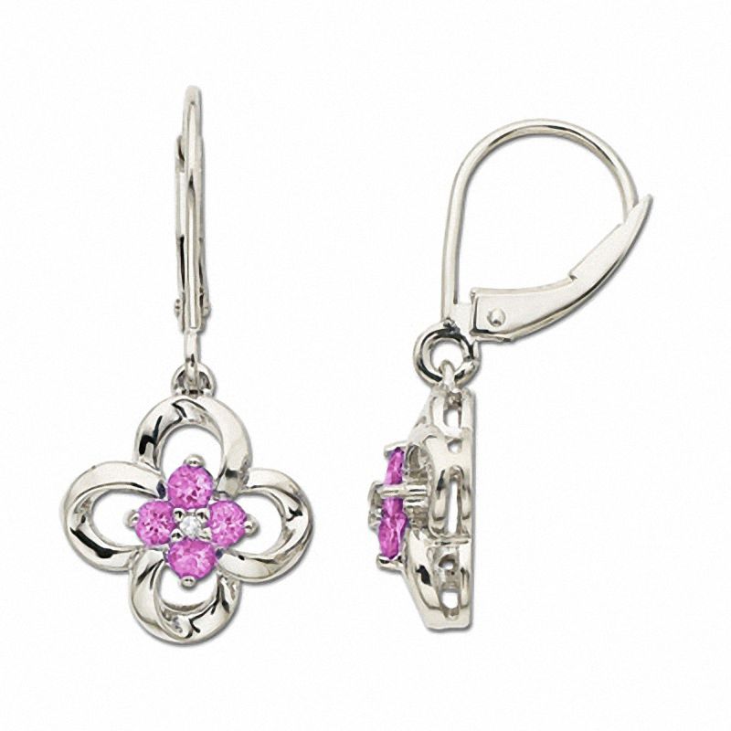 Main Image 1 of Pink Sapphire Flower Drop Earrings in 10K White Gold with Diamond Accents