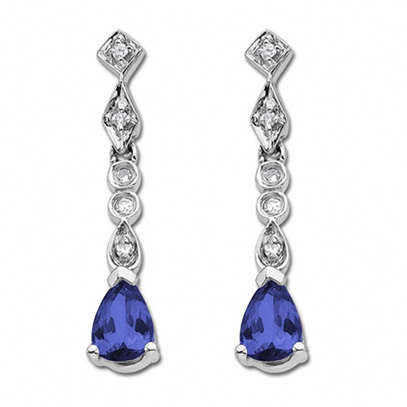 Main Image 1 of Pear-Shaped Blue Sapphire Drop Earrings in 10K White Gold with Diamond Accents