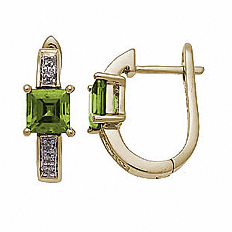 Main Image 1 of Square Peridot Hoop Earrings in 10K Gold with Diamond Accents