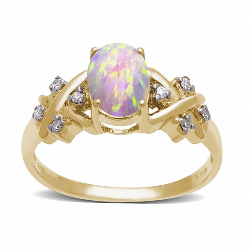 Main Image 1 of Oval Opal Ring in 10K Gold with Diamond Accents