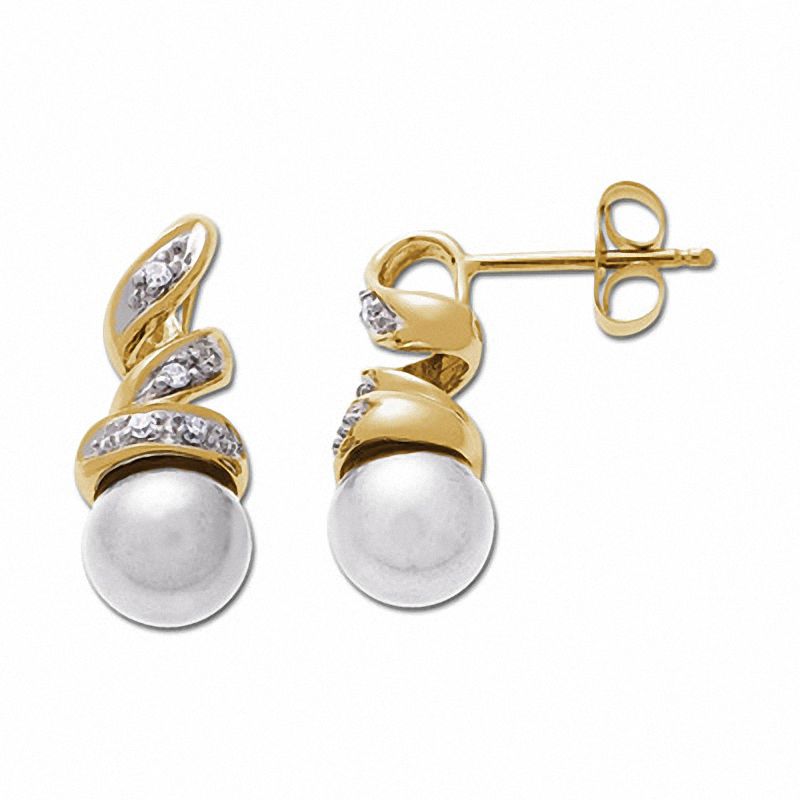 Cultured Freshwater Pearl Drop Earrings in 14K Gold with Diamond Accents