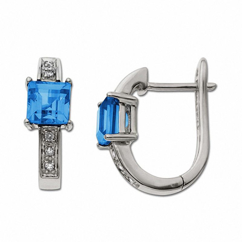 Main Image 1 of Square Blue Topaz Hoop Earrings in 10K White Gold with Diamond Accents