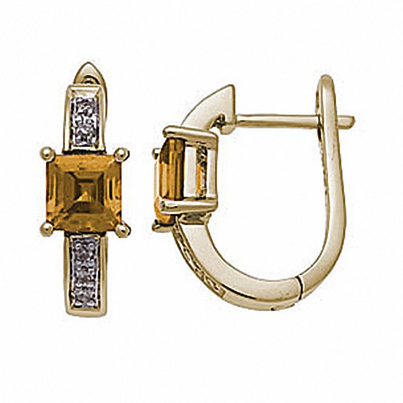 Main Image 1 of Square Citrine Hoop Earrings in 10K Gold with Diamond Accents