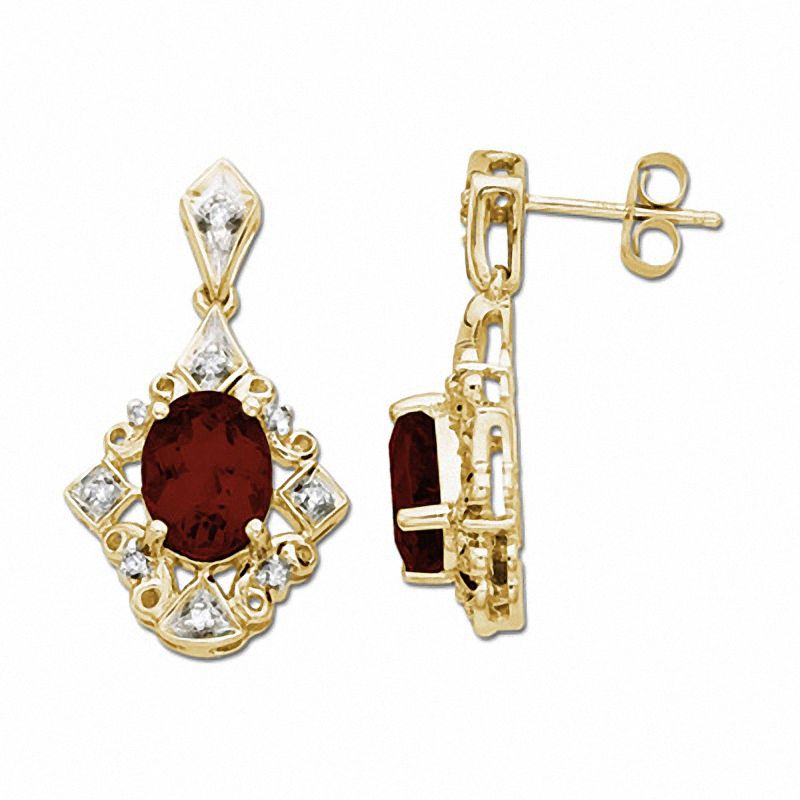 Oval Garnet Drop Earrings in 10K Gold with Diamond Accents