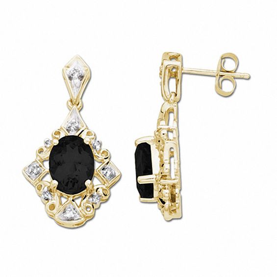 Oval Onyx Drop Earrings in 10K Gold with Diamond Accents