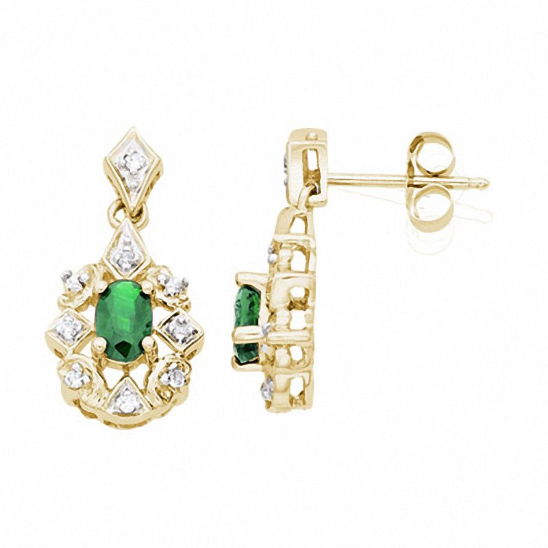 Main Image 1 of Oval Emerald Drop Earrings in 14K Gold with Diamond Accents