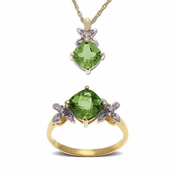Mystic Emerald Topaz Pendant and Ring Set in 10K Gold with Diamond Accents