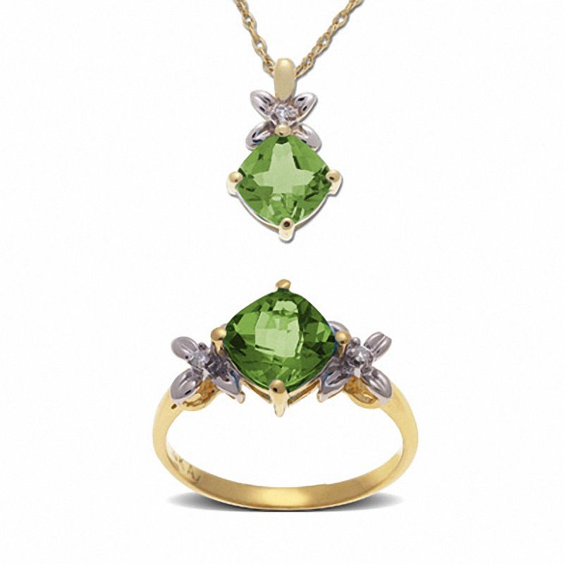 Mystic Emerald Topaz Pendant and Ring Set in 10K Gold with Diamond Accents