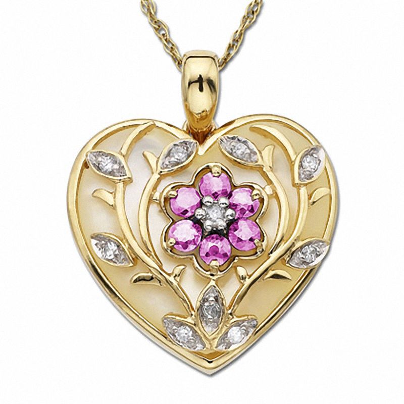 Main Image 1 of Pink Sapphire and Mother-of-Pearl Heart Pendant in 10K Gold with Diamond Accents