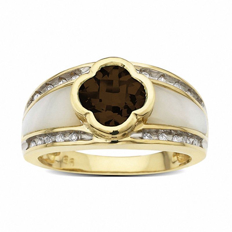 Main Image 1 of Smoky Quartz and Mother-of-Pearl Ring in 10K Gold with Diamond Accents