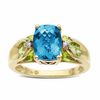 Thumbnail Image 1 of Blue Topaz and Peridot Three Stone Ring in 10K Gold with Diamond Accents