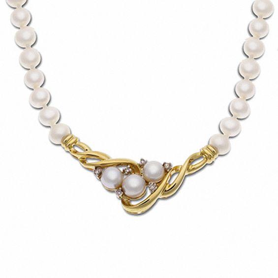 Freshwater Cultured Pearl Necklace in 10K Gold with Diamond Accents