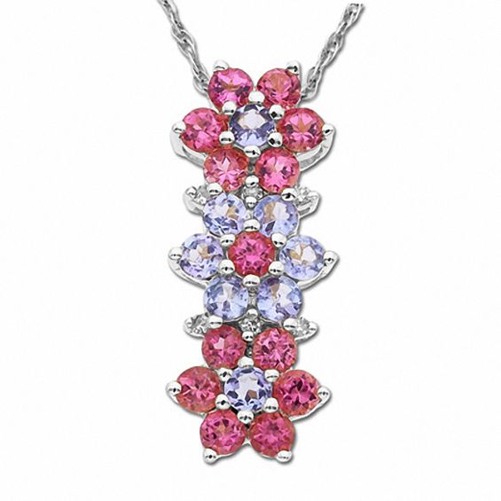 Pink Tourmaline and Tanzanite Triple Flower Pendant in 14K White Gold with Diamond Accents