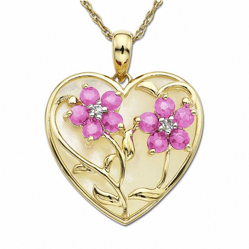 Main Image 1 of Pink Sapphire and Mother-of-Pearl Heart Pendant in 14K Gold with Diamond Accents