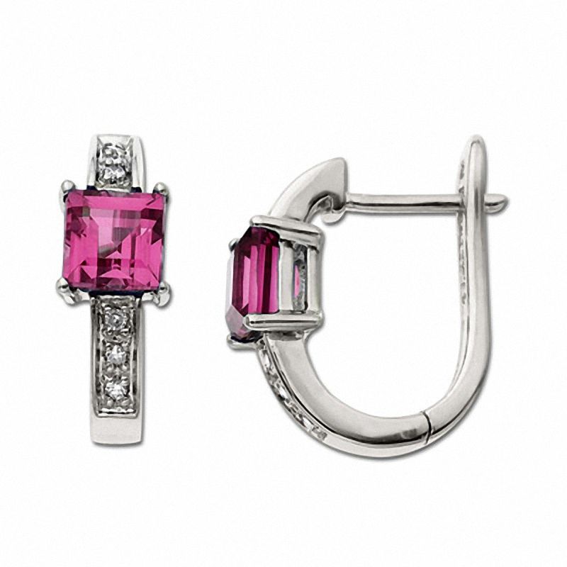 Main Image 1 of Square Pink Tourmaline Hoop Earrings in 10K White Gold with Diamond Accents