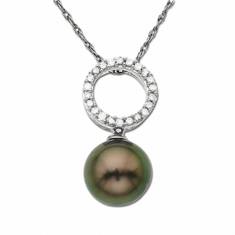 Main Image 1 of Tahitian Cultured Pearl Drop Pendant in 14K White Gold with Diamond Accents