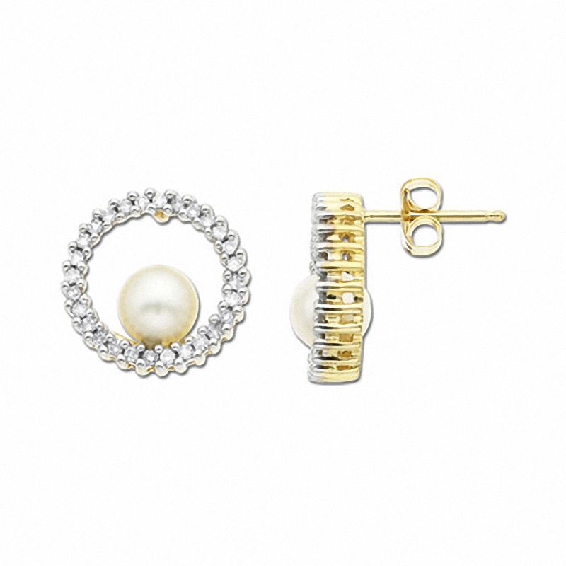 Main Image 1 of Freshwater Cultured Pearl and Diamond Circle Earrings in 14K Gold