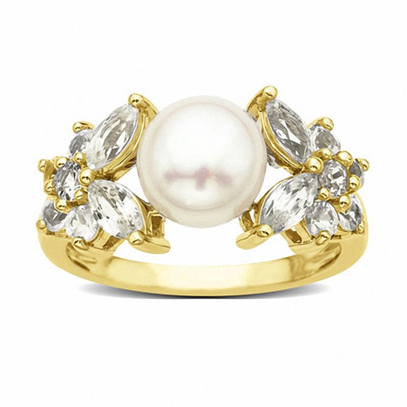Main Image 1 of Freshwater Cultured Pearl and Lab-Created White Sapphire Ring in 10K Gold-Size 6