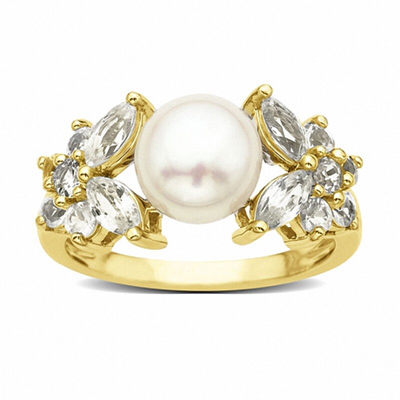 Main Image 1 of Freshwater Cultured Pearl and Lab-Created White Sapphire Ring in 10K Gold-Size 7