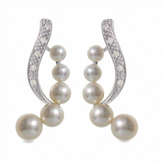Journey Freshwater Cultured Pearl and Diamond Accent Earrings in 14K White Gold