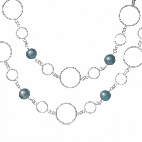 Black Freshwater Cultured Pearl and Sterling Silver Circle Necklace -36"