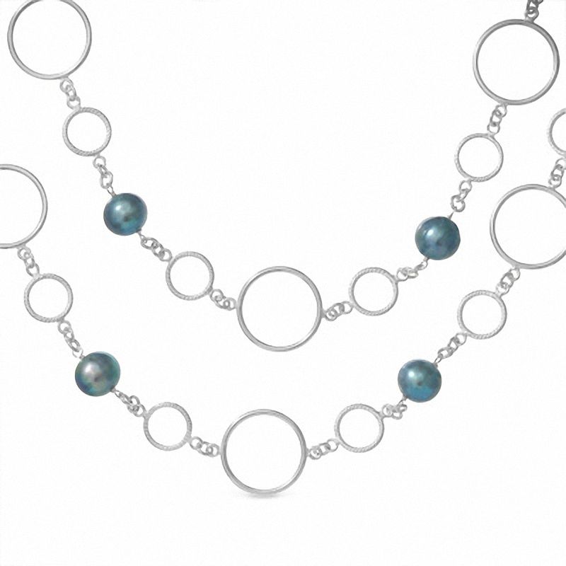 Black Cultured Freshwater Pearl and Sterling Silver Circle Necklace -36"