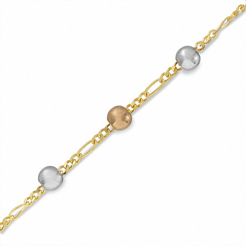 10K Gold Tri-Tone Adjustable Bead Station Anklet - 10"