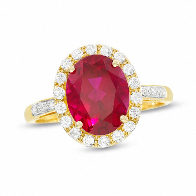 Oval Lab-Created Ruby, White Sapphire and Diamond Accent Frame Ring in 10K Gold