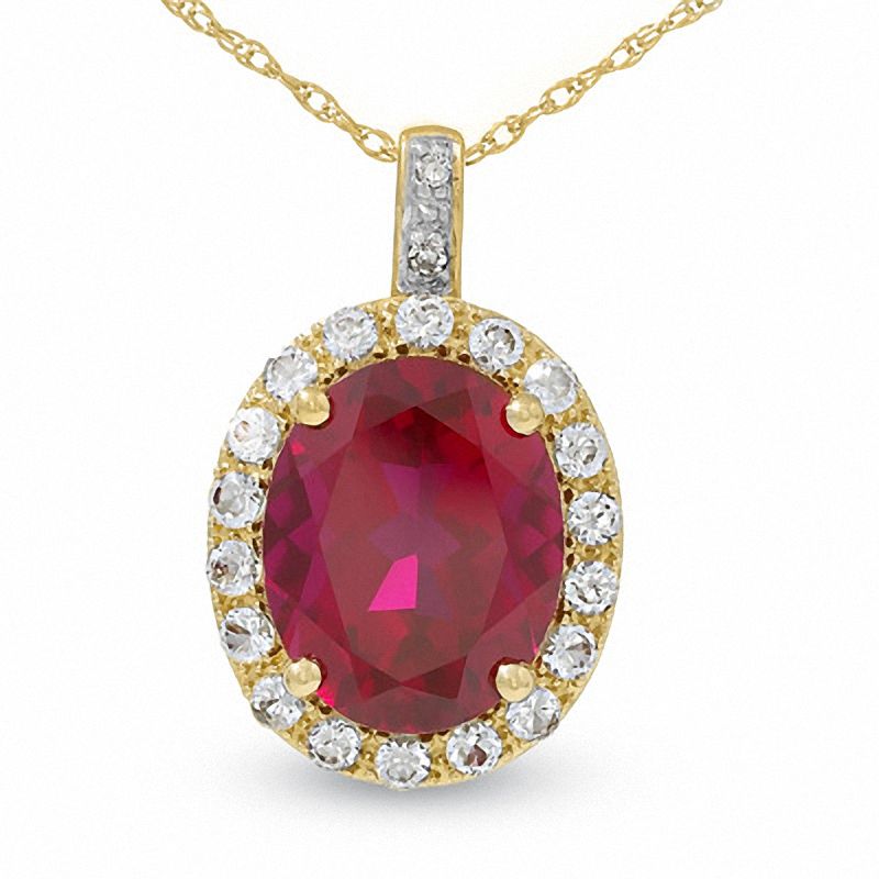 Oval Lab-Created Ruby, White Sapphire and Diamond Accent Pendant in 10K Gold