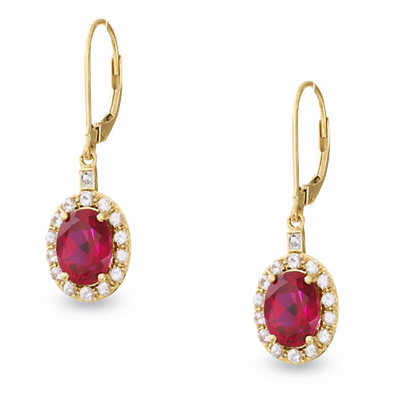 Main Image 1 of Oval Lab-Created Ruby and White Sapphire Drop Earrings in 10K Gold