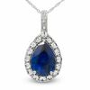 Thumbnail Image 1 of Pear-Shaped Lab-Created Blue and White Sapphire and Diamond Accent Frame Pendant in 10K White Gold