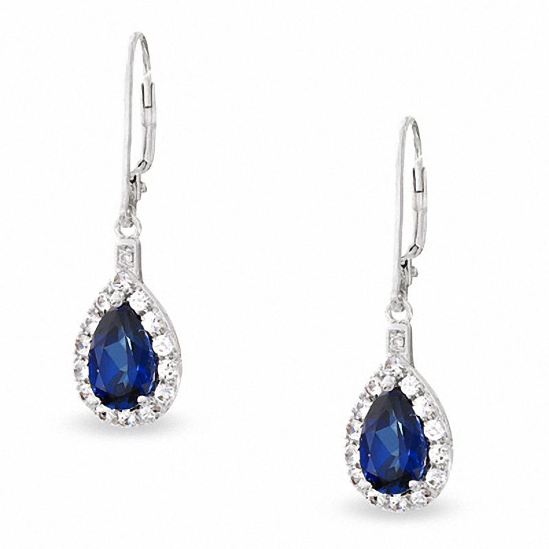 Pear-Shaped Lab-Created Blue and White Sapphire and Diamond Accent Frame Drop Earrings in 10K White Gold