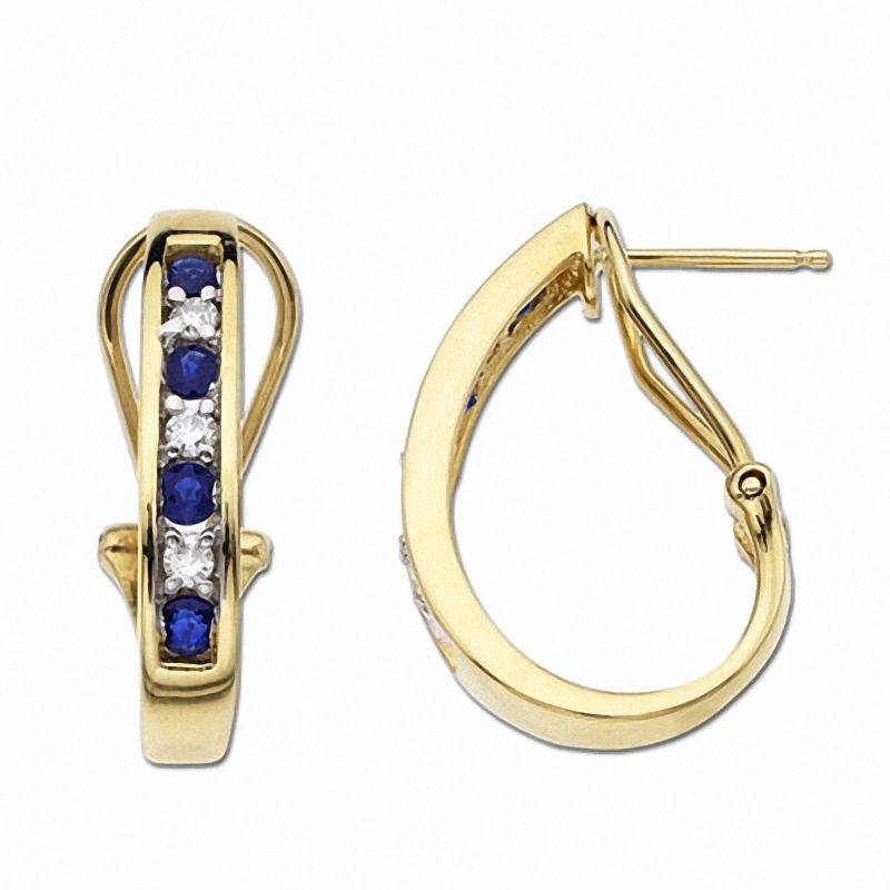 Main Image 1 of Blue Sapphire Hoop Earrings in 14K Gold with Diamond Accents