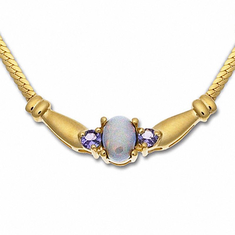 Main Image 1 of Oval Opal and Blue Topaz Necklace in 14K Gold