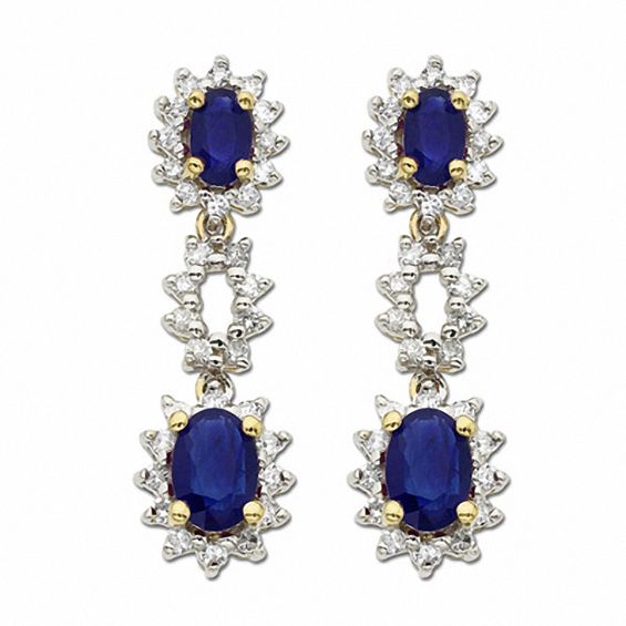 Oval Blue Sapphire Drop Earrings in 14K Gold with Diamond Accents