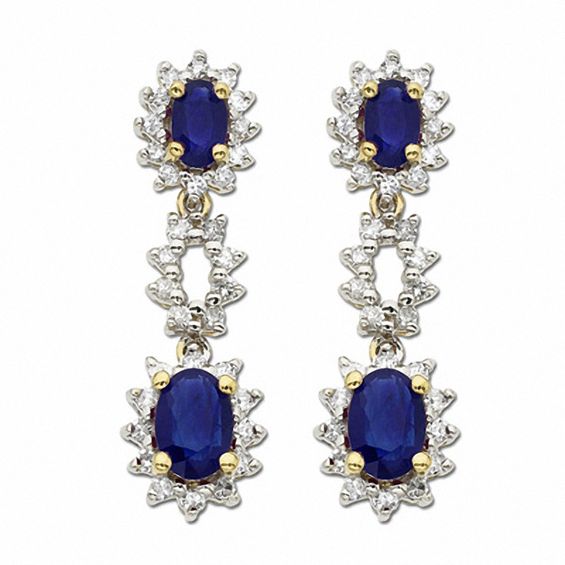 Oval Blue Sapphire Drop Earrings in 14K Gold with Diamond Accents