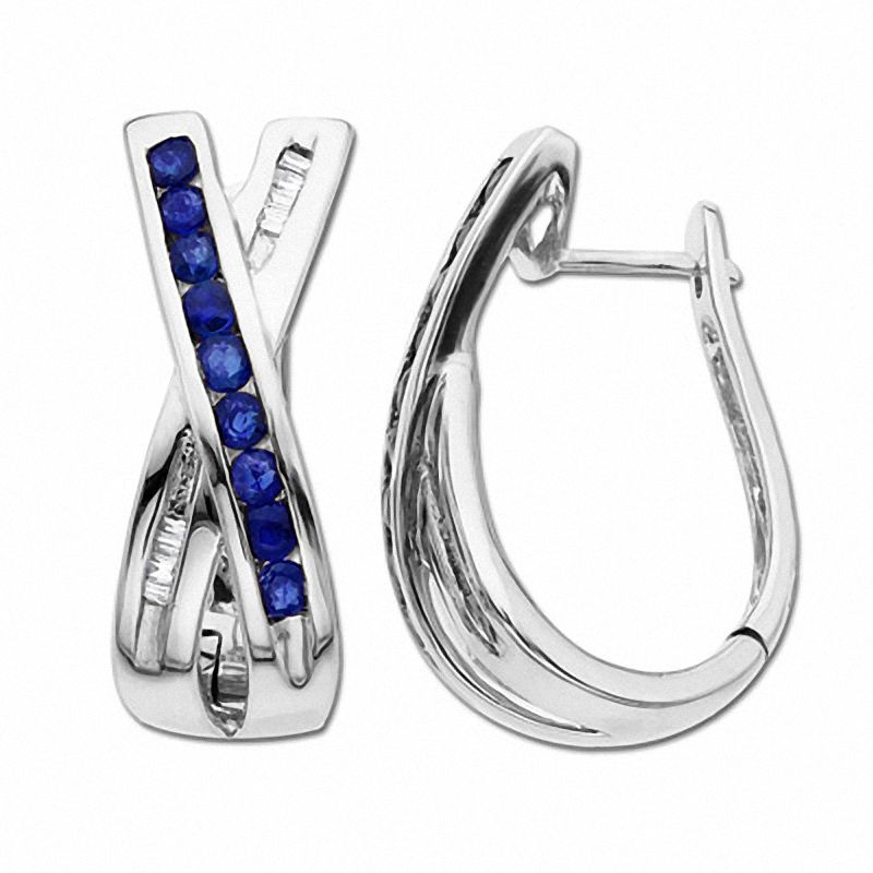 Main Image 1 of Blue Sapphire Crisscross Hoop Earrings in 14K White Gold with Diamond Accents